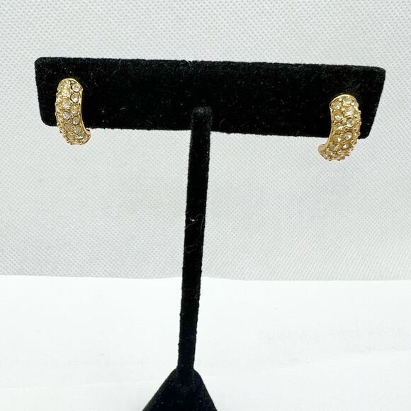 Vintage Monet Rhinestone Studded Gold Hoop Earrings - Picture 1 of 9